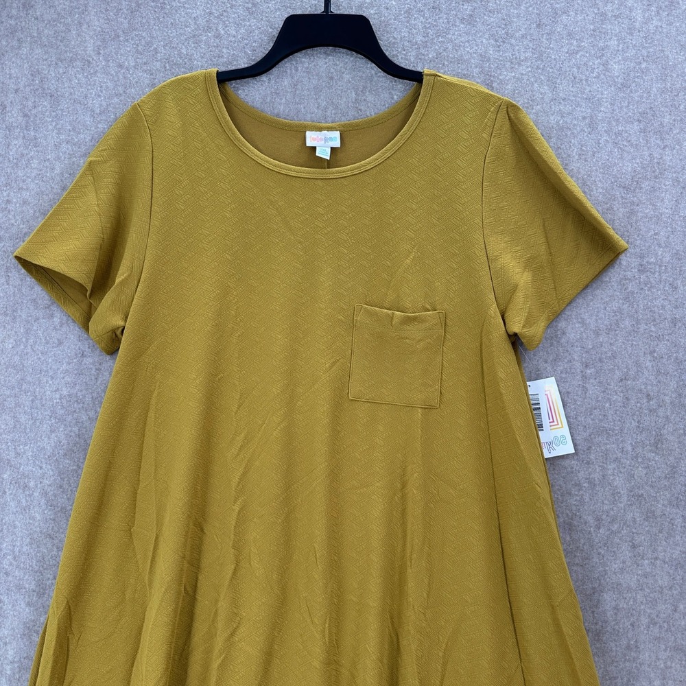NEW LuLaRoe Carly Dress Mustard Yellow Textured Pocket Tunic Top 2XL FLAWS - Picture 3 of 10